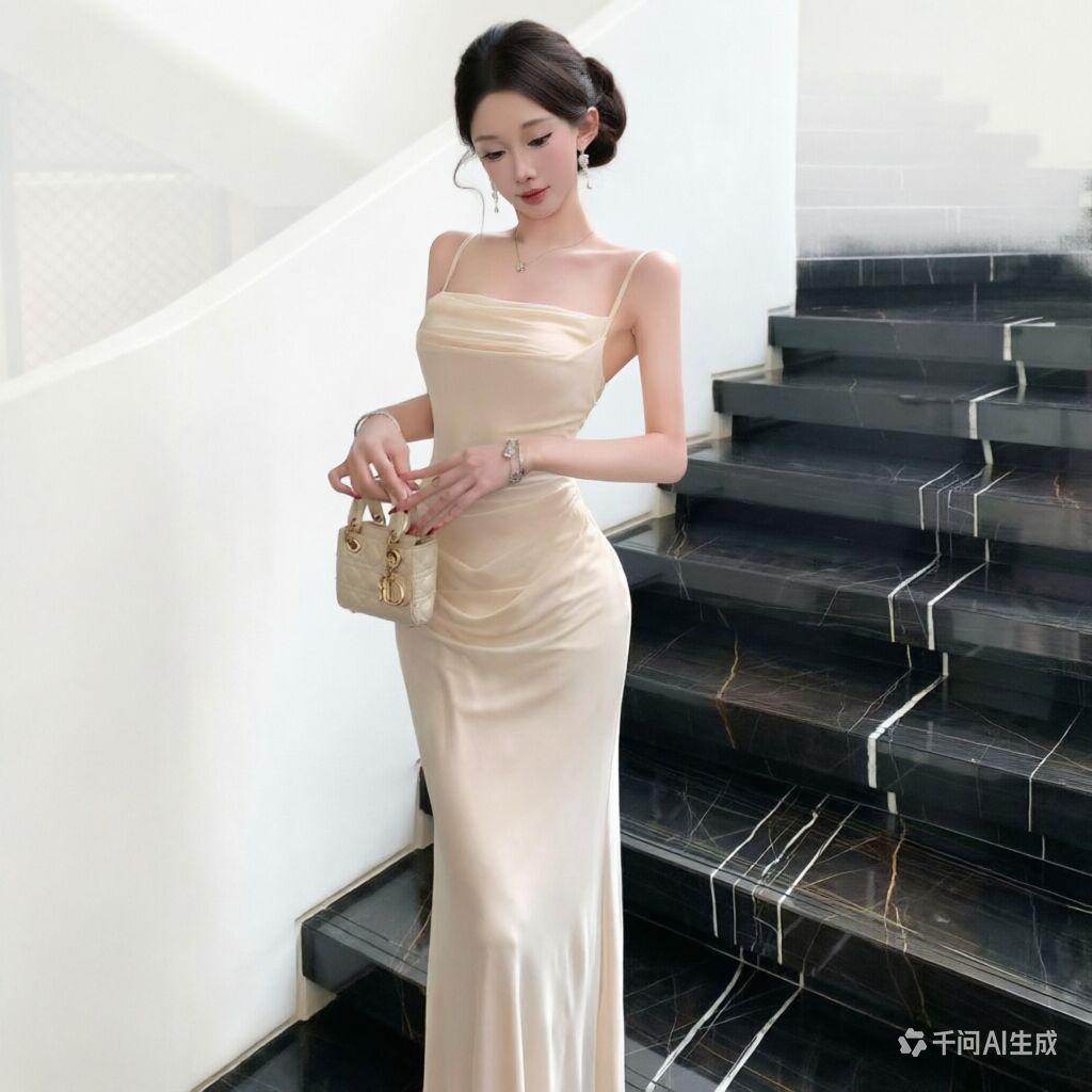 Formal Wear For Women Xl - فستان شبكي أنيق بلون البيج، فستان