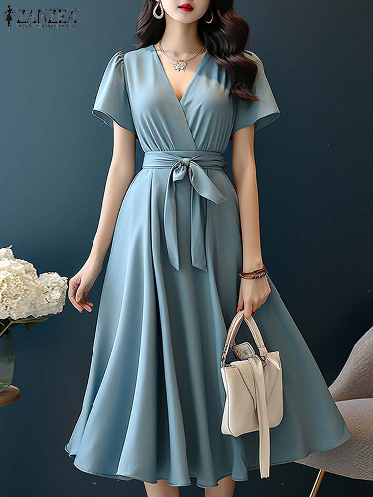 Women Formal Wear Zara - فساتين ZANZEA 2024 أنيقة بأكمام قصيرة