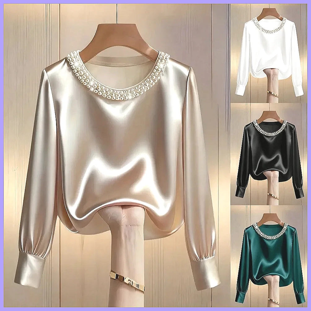 Silk Blouse Button - بلوزة ساتان أنيقة مزينة بالخرز للنساء،