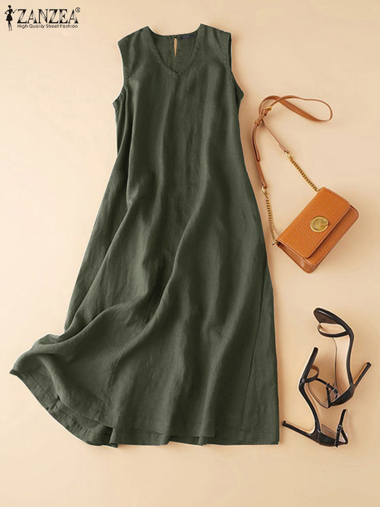 Vintage Women'S Formal Wear - ZANZEA فساتين قطنية مقاس كبير بدون