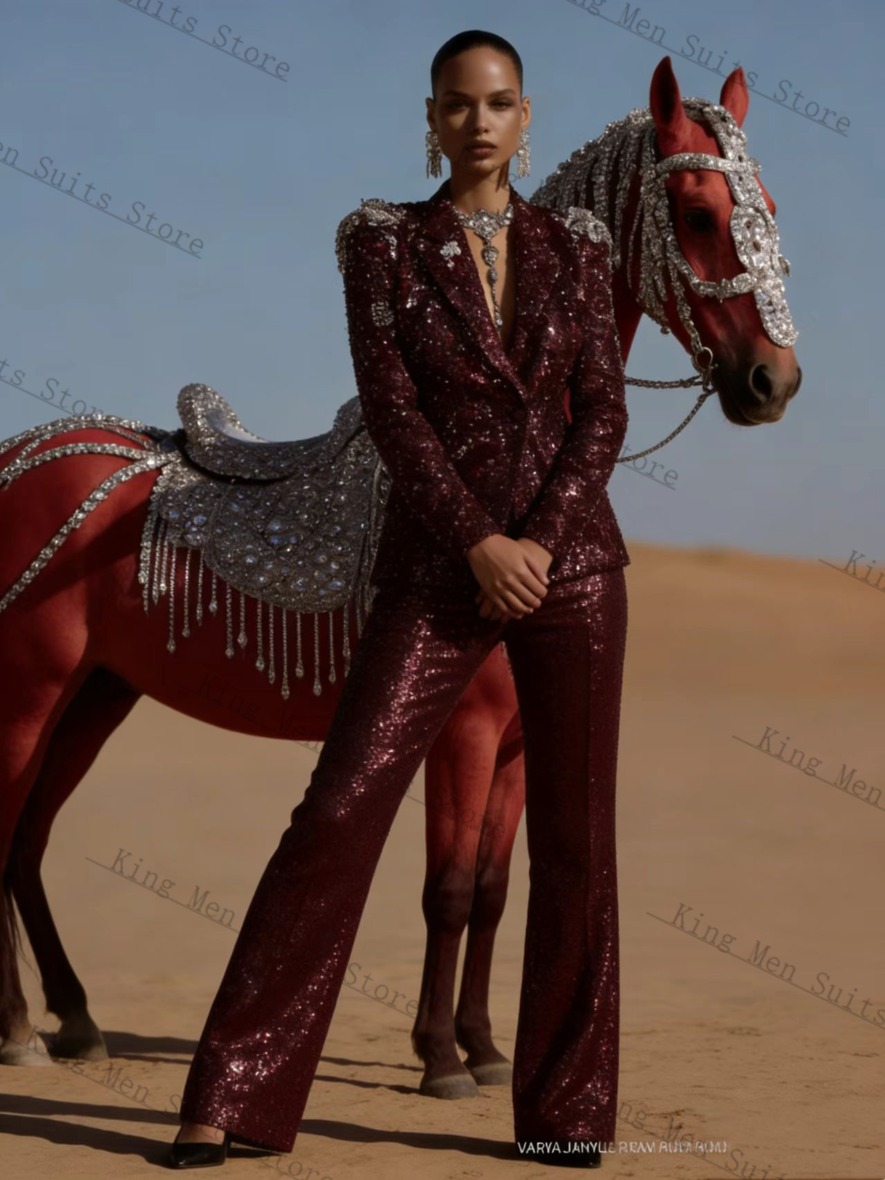 Women'S Formal Wear Wedding Guest - طقم بدلة نسائية لامعة باللون البورغندي