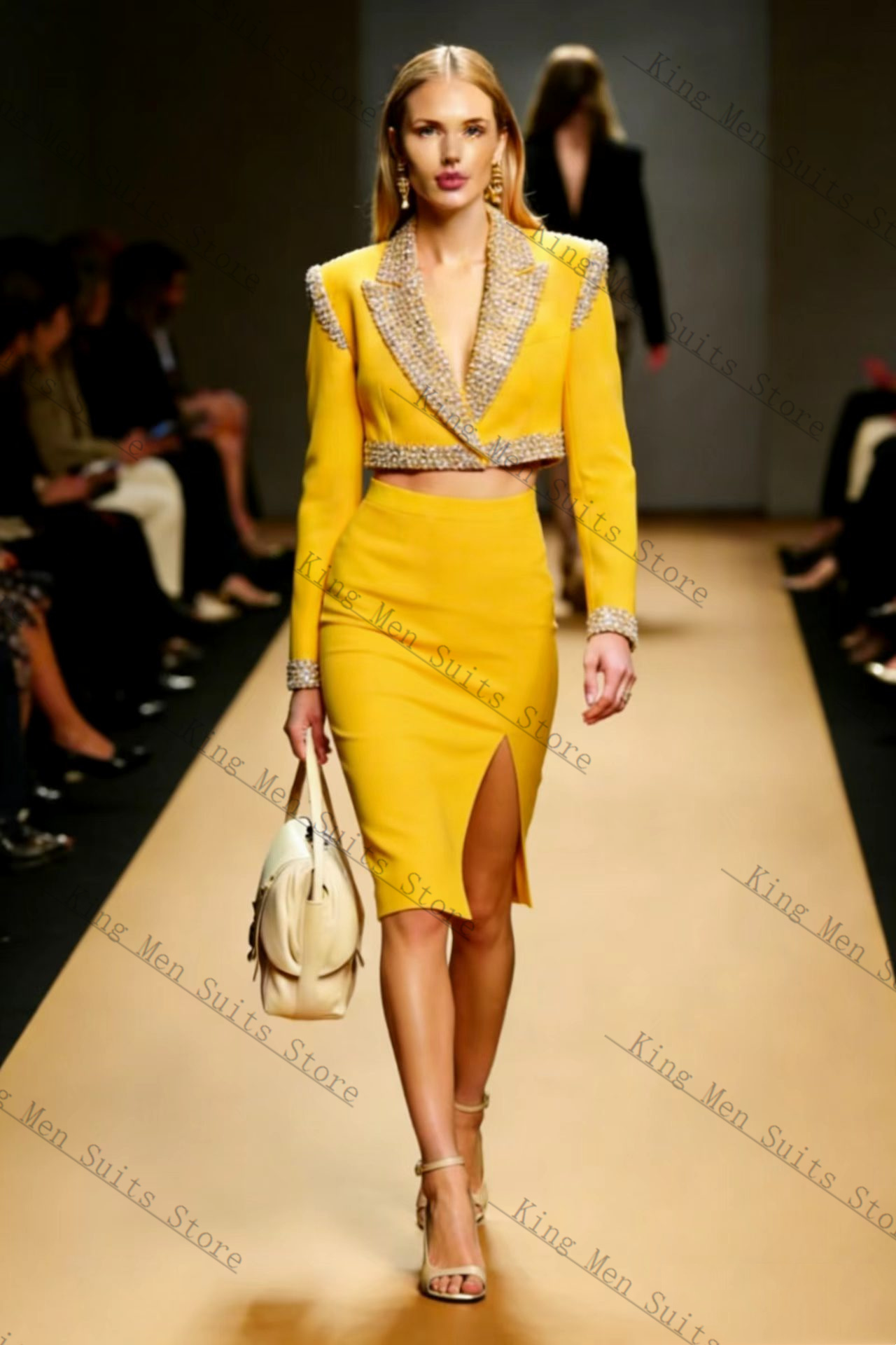 Women'S Formal Wear Wedding Guest - طقم بدلة نسائية بكريستالات صفراء من