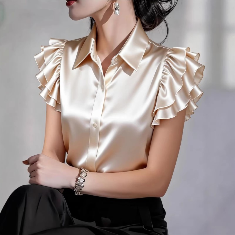 بلوزة كاجوال بأكمام قصيرة مزين - مراجعة Silk Blouse Button وسعره